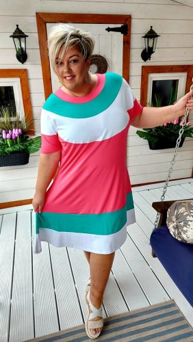 Magenta-benetton zöld-fehér harang alakú ruha
